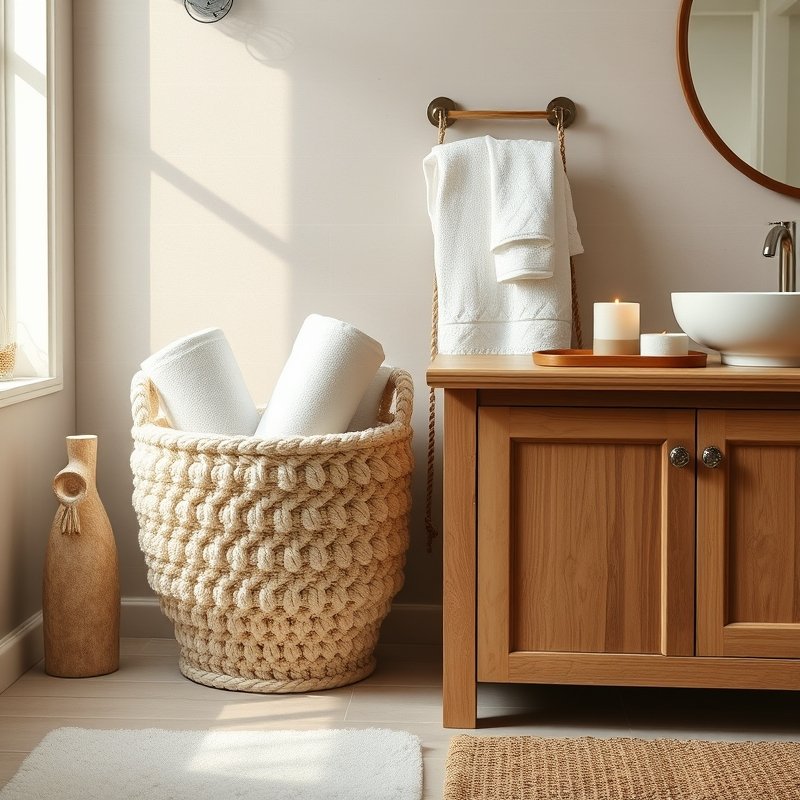 19 Cozy Bathroom Ideas That Make Your Space Feel Warm, Relaxing, and Inviting Try These Today 18 a large chunky-knit cotton basket holding rolled white towels on the floor