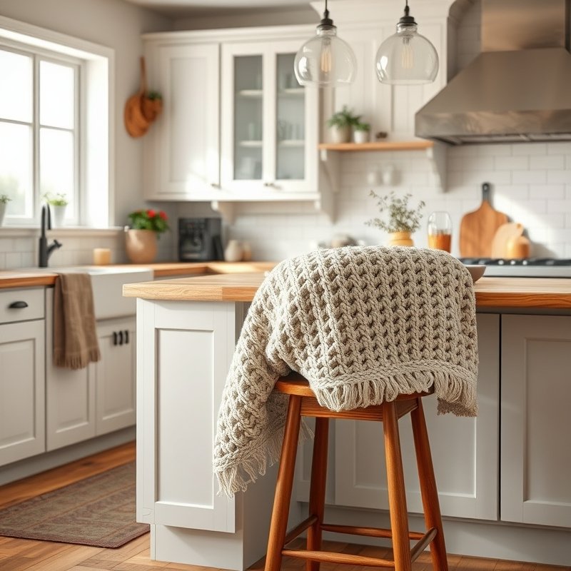19 Cozy Kitchen Ideas That Make Your Space Feel Warm and Inviting You Must Try These 4 chunky knit throw draped on a wooden bar stool in a cozy kitchen corner