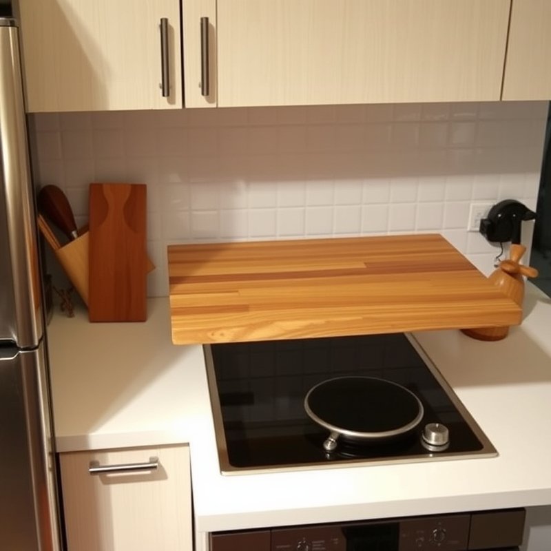 stove with a slide-out wood cutting board covering the cooktop