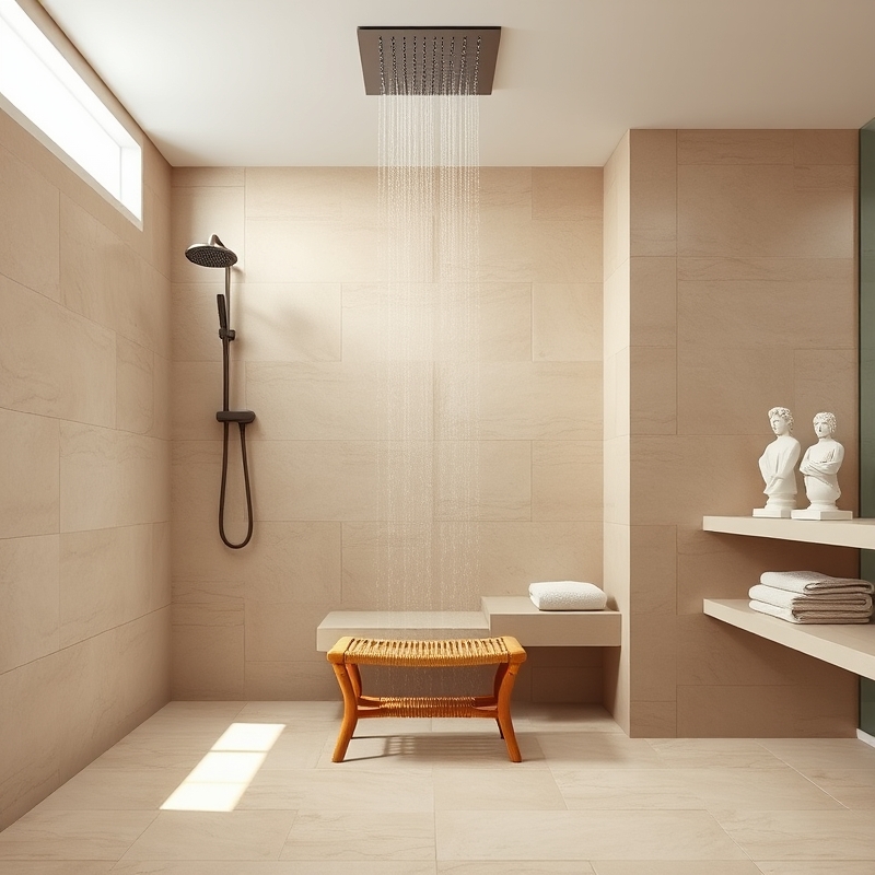rain shower over a wet room with a bamboo stool