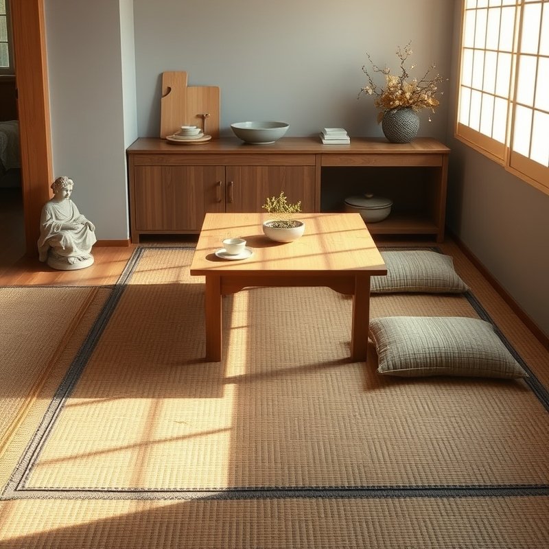21 Japandi Kitchen Ideas That Blend Minimalist Style With Natural Calm Start Styling Now 15 small area of tatami mat flooring with a low wooden table and floor cushions