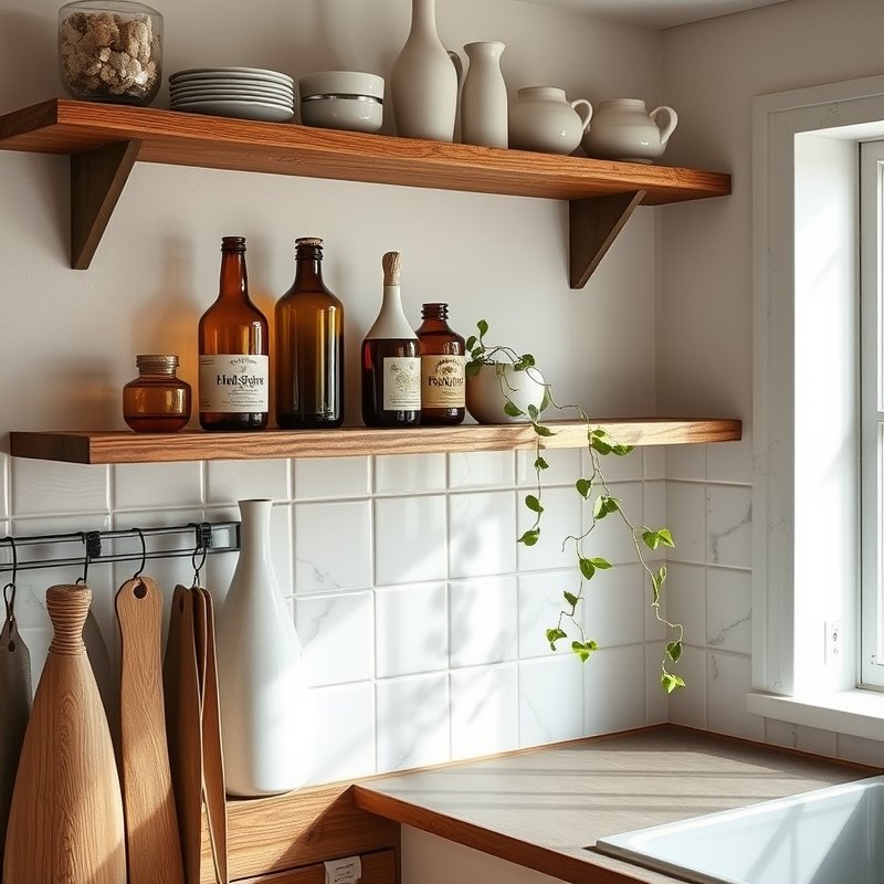 14 Cottage Kitchen Ideas That Create a Charming, Rustic, and Timeless Look Get Inspired Today 14 shelf with mix of vintage glass vases, ceramic jars, and a small plant