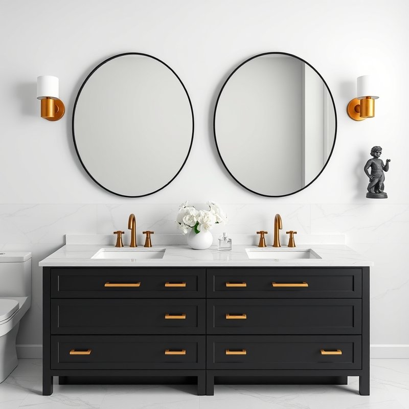 24 Black and White Bathroom Ideas That Create a Timeless, Elegant Look You Must Try 10 black bathroom vanity with white quartz top and gold handles