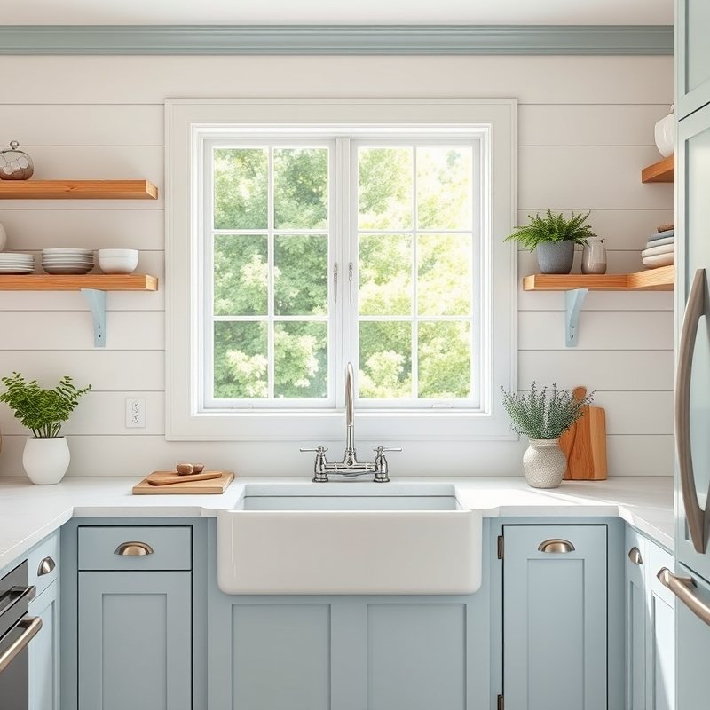 kitchen window with coastal blue painted trim, white walls, natural wood accents