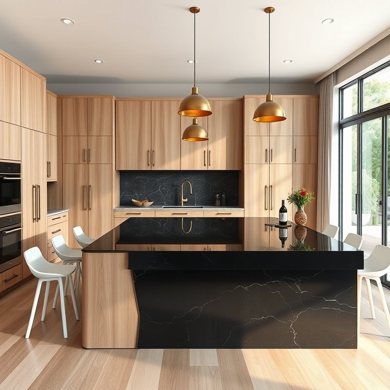 black quartz waterfall island in an open-plan kitchen with warm wood upper cabinets