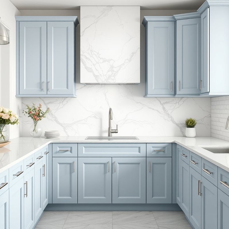 blue kitchen with dramatic white marble slab backsplash with grey veins
