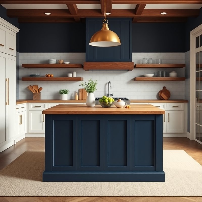 22 Island Kitchen Ideas That Add Style, Storage, and Function Upgrade Your Space Today 2 kitchen island in deep navy blue against white perimeter cabinets
