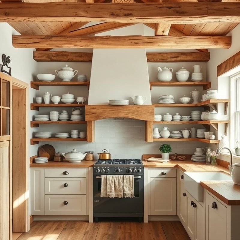 14 Cottage Kitchen Ideas That Create a Charming, Rustic, and Timeless Look Get Inspired Today 3 open wooden shelves displaying white ironstone pitchers, plates, and bowls