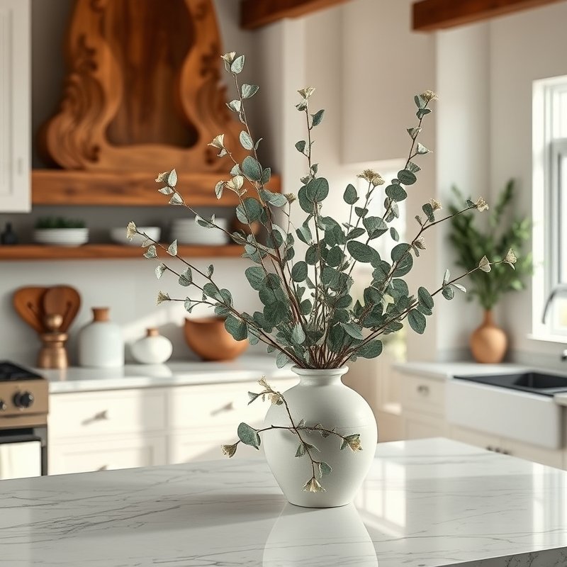 20 Kitchen Decor Ideas 2026 That Transform Your Space With Modern Style and Charm Upgrade Now 4 large ceramic vase with dried eucalyptus on kitchen counter