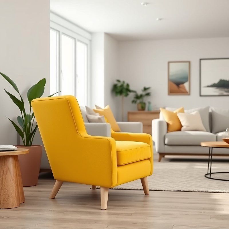19 Colorful Living Room Ideas 2026 That Add Bold Personality and Happy Vibes Try This Look 5 citron yellow accent chair with chunky wooden legs in living room