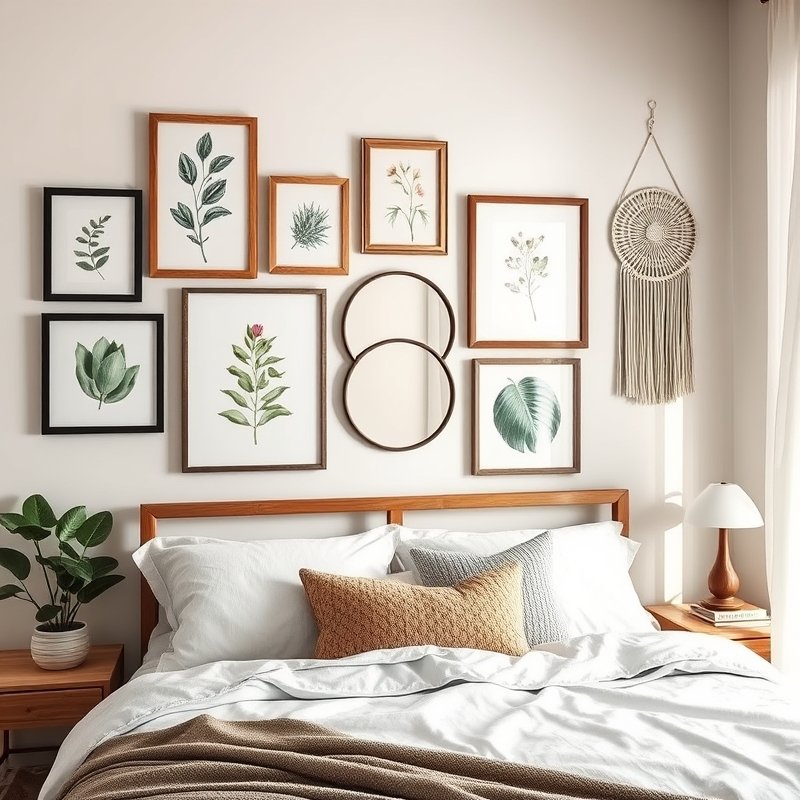 gallery wall with an assortment of framed art, macrame, and a small circular mirror