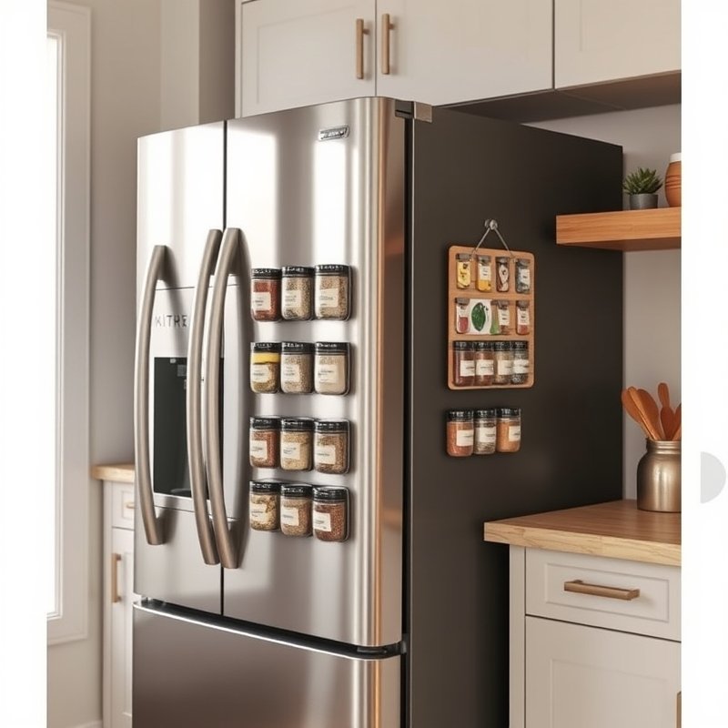 21 Kitchen Organization Ideas That Declutter Your Space and Make Cooking Easier Try These Now 2 stainless steel fridge with small magnetic spice jars arranged in neat rows