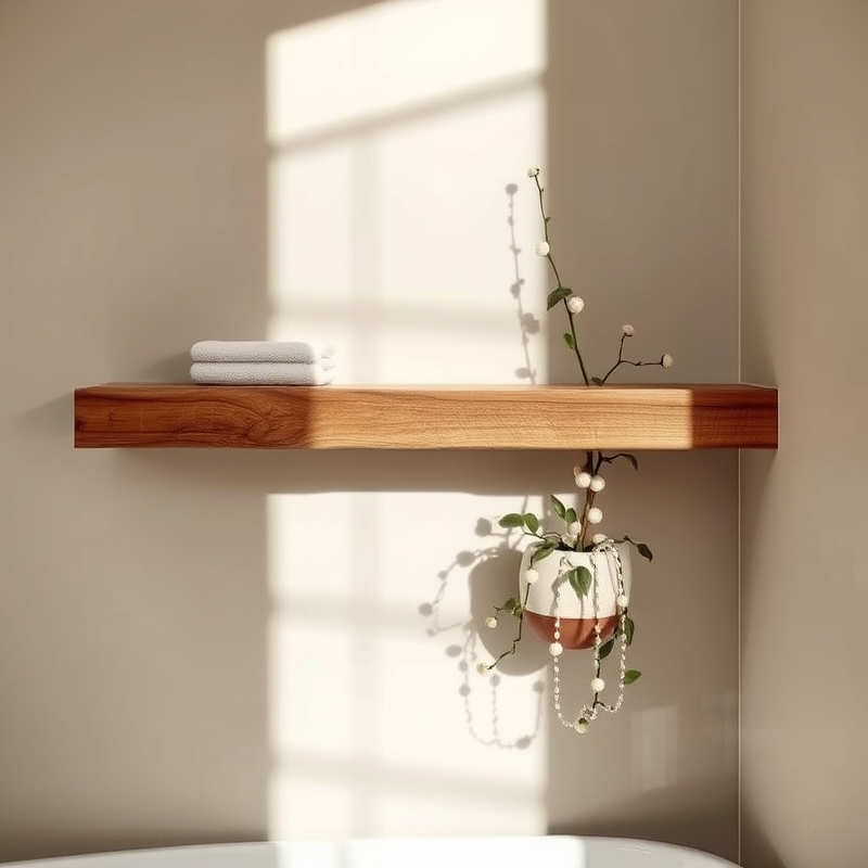 live edge wooden shelf with a trailing plant in a bathroom
