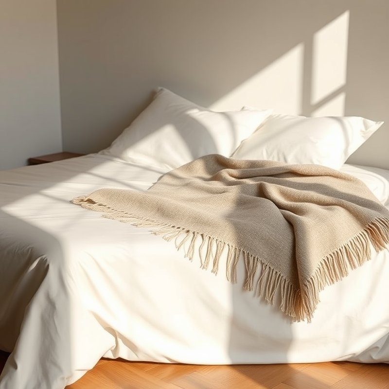 21 Japandi Bedroom Ideas That Blend Minimalist Calm With Warm Natural Beauty You Must Try 21 Bed with wool blanket layered over ivory fitted sheet, Japandi style