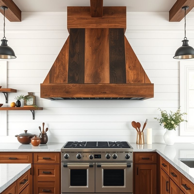 Custom range hood cover made of reclaimed barn wood
