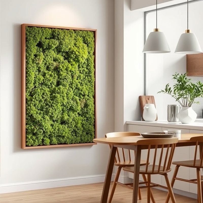 20 Green Kitchen Ideas That Bring Fresh, Natural Vibes Into Your Home Try This Look Now 8 Vertical moss wall art in a wooden frame next to a kitchen dining nook