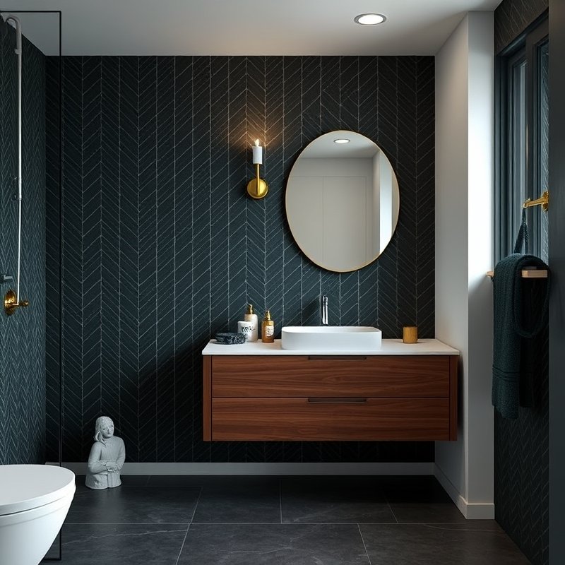 19 Green Tile Bathroom Ideas That Bring Fresh Nature Vibes and Texture Try This Look Now 3 dark forest green vertical herringbone tile accent wall