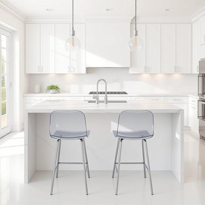 Clear acrylic counter stools at a kitchen island