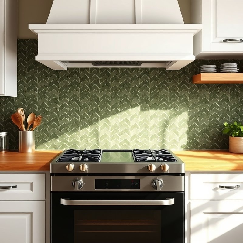 20 Green Kitchen Ideas That Bring Fresh, Natural Vibes Into Your Home Try This Look Now 3 Olive green herringbone tile backsplash with a wooden countertop