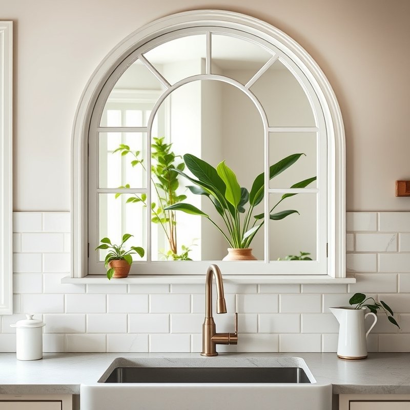 Arched mirror mounted above kitchen sink