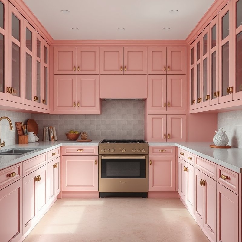 kitchen with soft blush pink cabinets and warm brass cup pulls on drawers