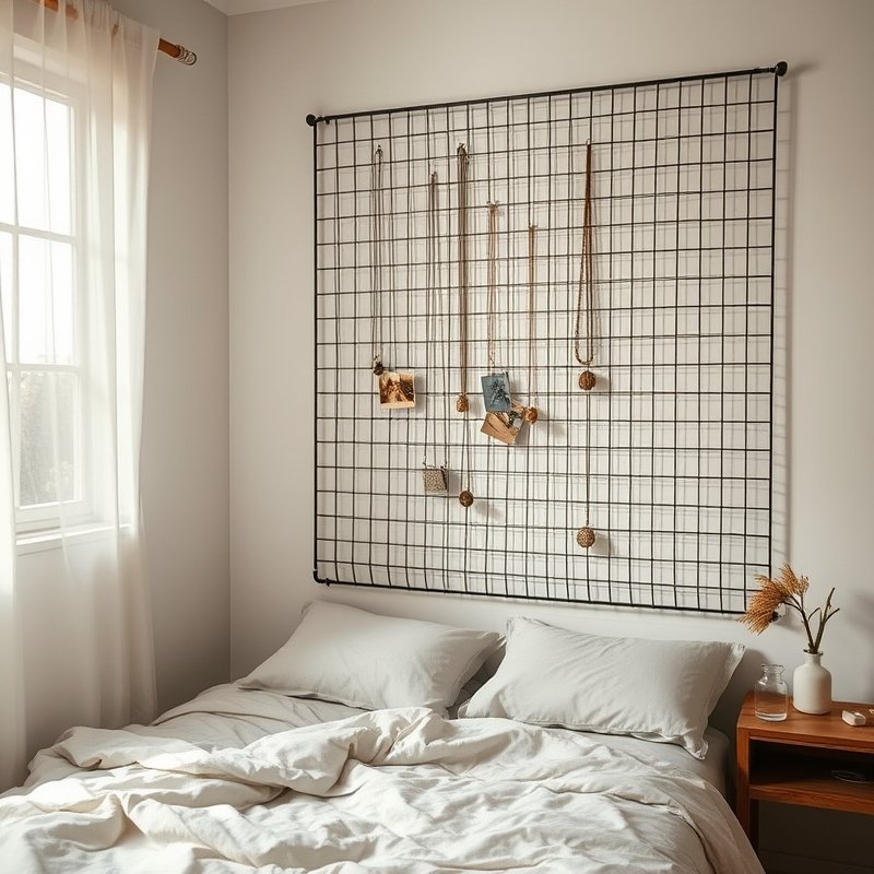 metal wall grid with photos and jewelry in bedroom