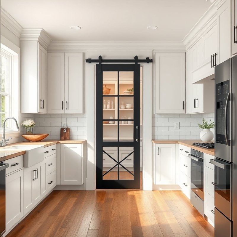 21 Modern Farmhouse Kitchen Ideas That Blend Rustic Charm With Modern Style Get Inspired Now 3 black metal barn door sliding over a pantry entrance