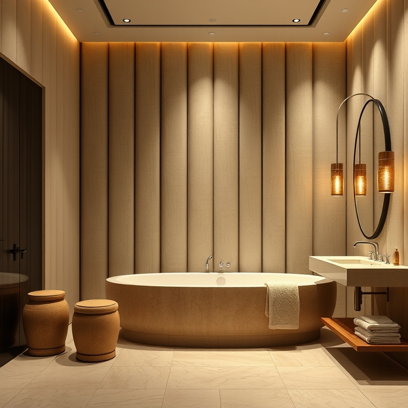 neutral textured acoustic panels on a luxury bathroom wall