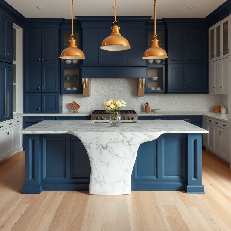 deep blue kitchen island with thick white marble waterfall countertop