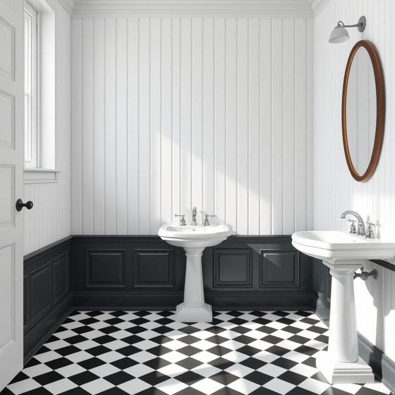 24 Black and White Bathroom Ideas That Create a Timeless, Elegant Look You Must Try 11 white vertical beadboard wall with thick black baseboard molding