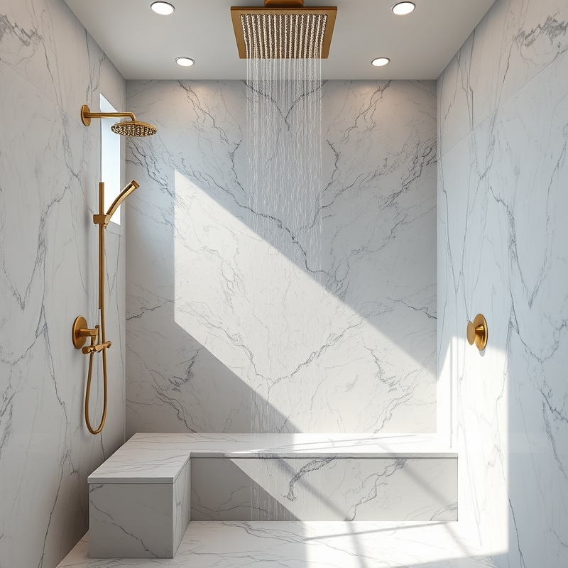 luxury shower with a marble built-in bench and handheld spray