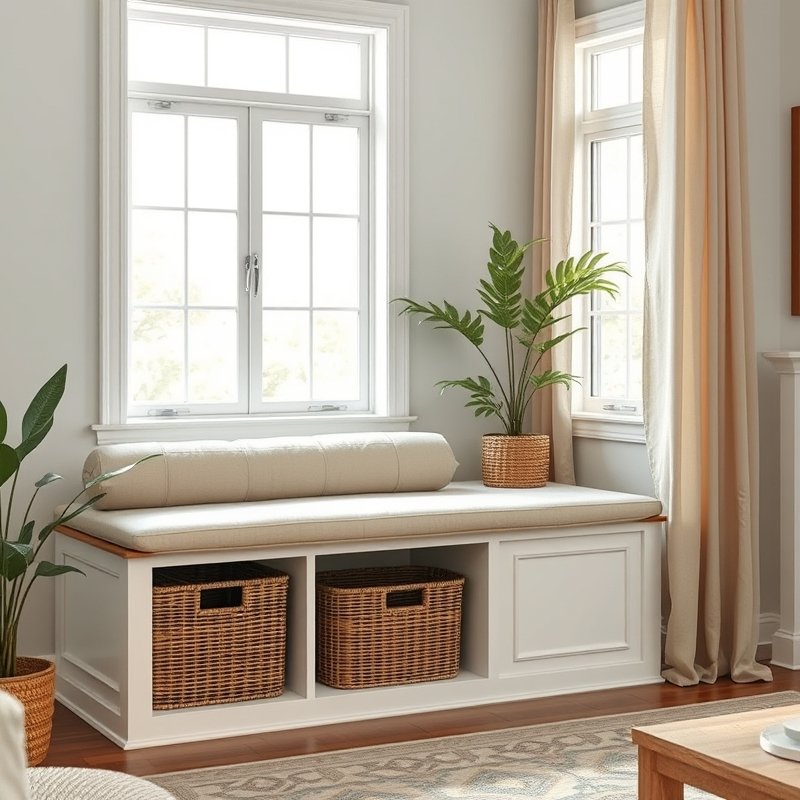 21 Living Room Ideas 2026 That Bring Fresh Trends and Modern Style Into Your Home Stay Ahead Now 16 Window storage bench with thick cushioned seat and baskets underneath