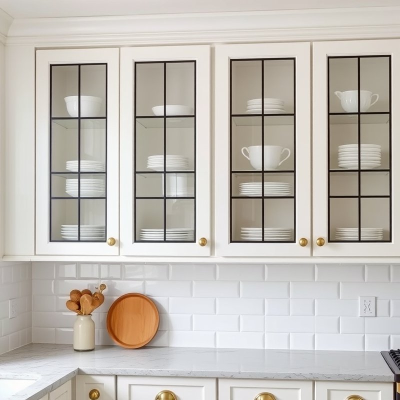 Upper cabinets with black framed glass doors