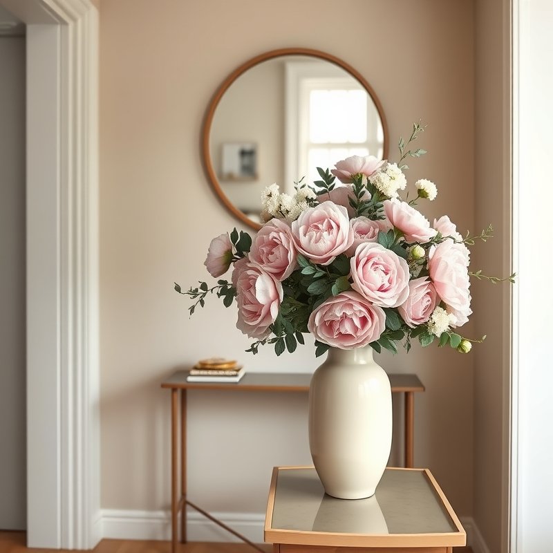 entryway console with a large vase of mixed spring flowers, mirror above