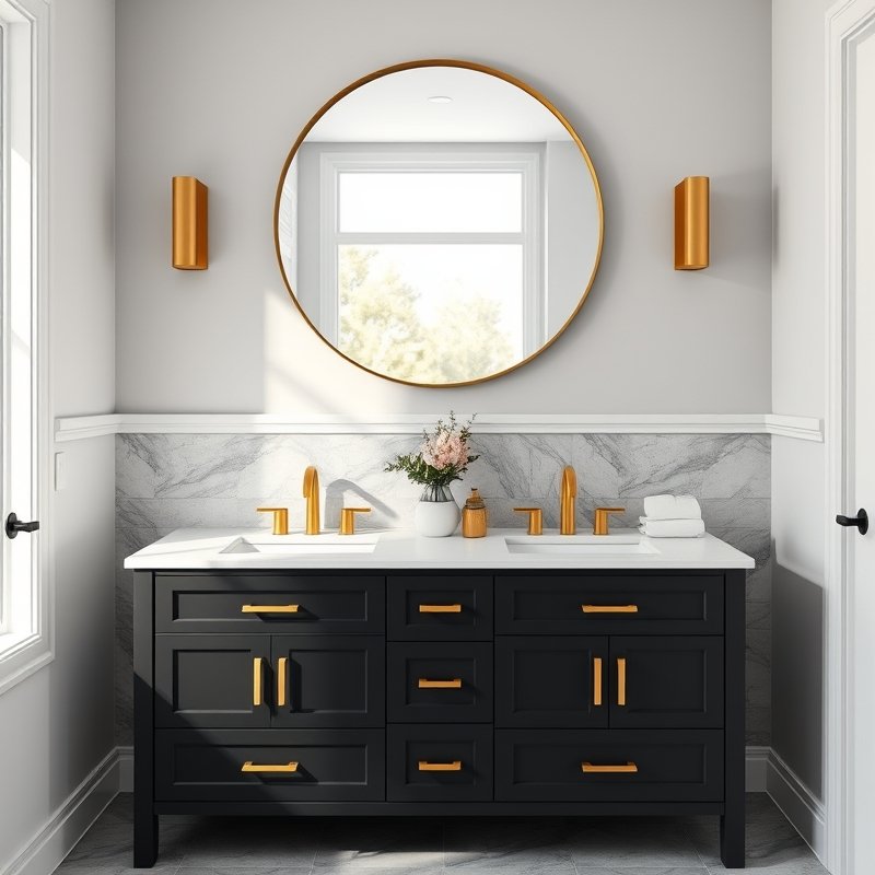 23 Black Bathroom Ideas That Look Bold, Modern, and Ultra Stylish Upgrade Your Space Today 2 bathroom with matte black vanity and brass hardware
