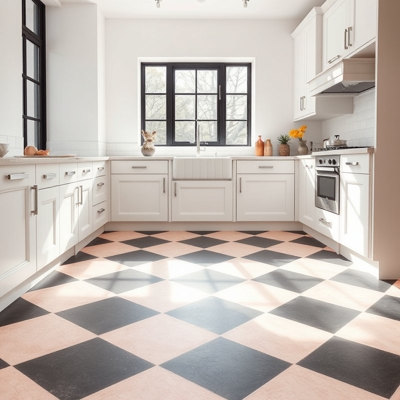 kitchen floor with pale pink and matte black checkered tiles, white cabinets