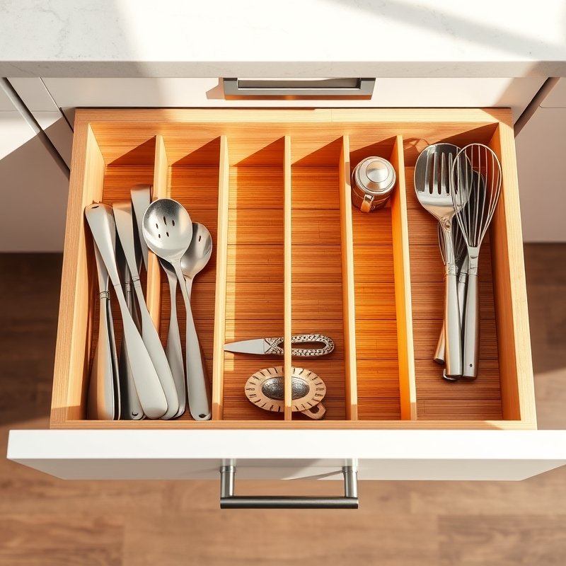 21 Kitchen Organization Ideas That Declutter Your Space and Make Cooking Easier Try These Now 4 kitchen drawer with bamboo dividers organizing forks, spoons, and knives