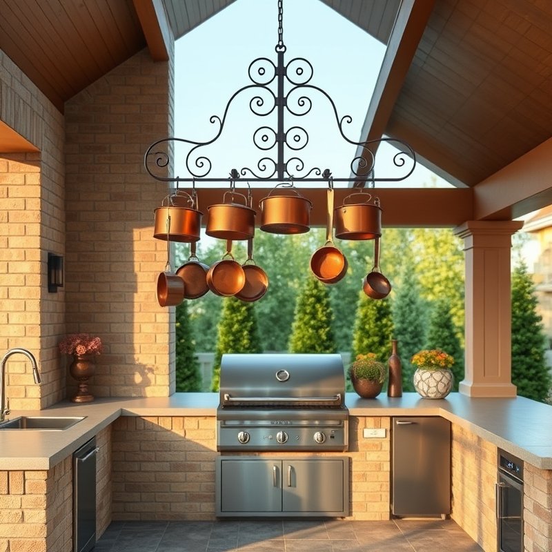23 Kitchen Outdoor Ideas That Create the Perfect Backyard Cooking Space Start Designing Today 20 hanging metal pot rack above an outdoor kitchen grill with pots and utensils