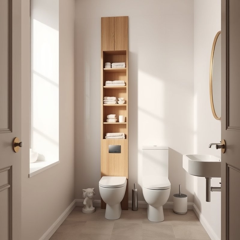Slender white cabinet next to a wall-mounted toilet in a compact bathroom, holding folded towels