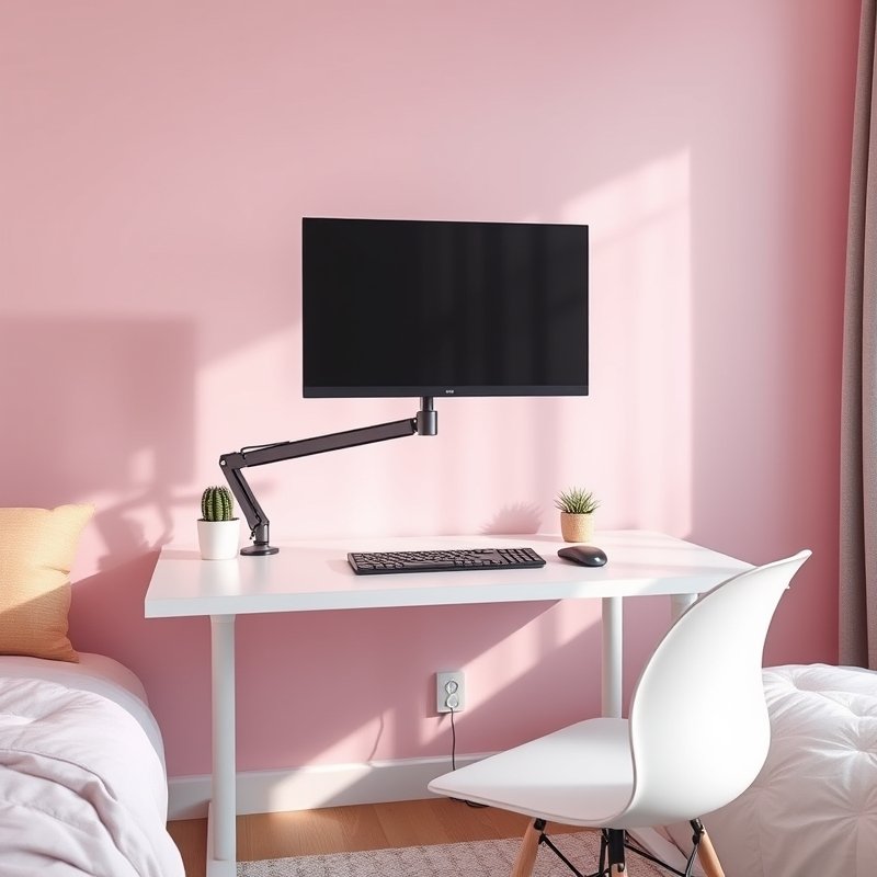 21 Teen Girl Bedroom Ideas 2026 That Create a Cute, Aesthetic, and Trendy Dream Room You’ll Love These 8 Minimalist desk with floating monitor arm and wireless keyboard in a pastel bedroom