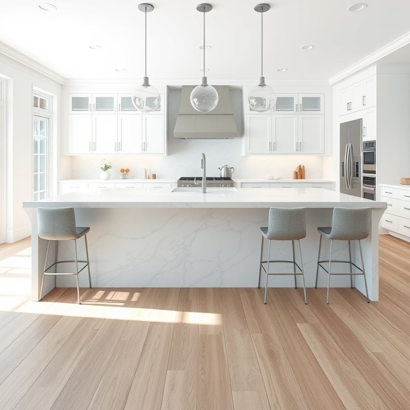 large white kitchen island with white quartz waterfall edges extending to the floor, modern bar stools, and pendant lighting above