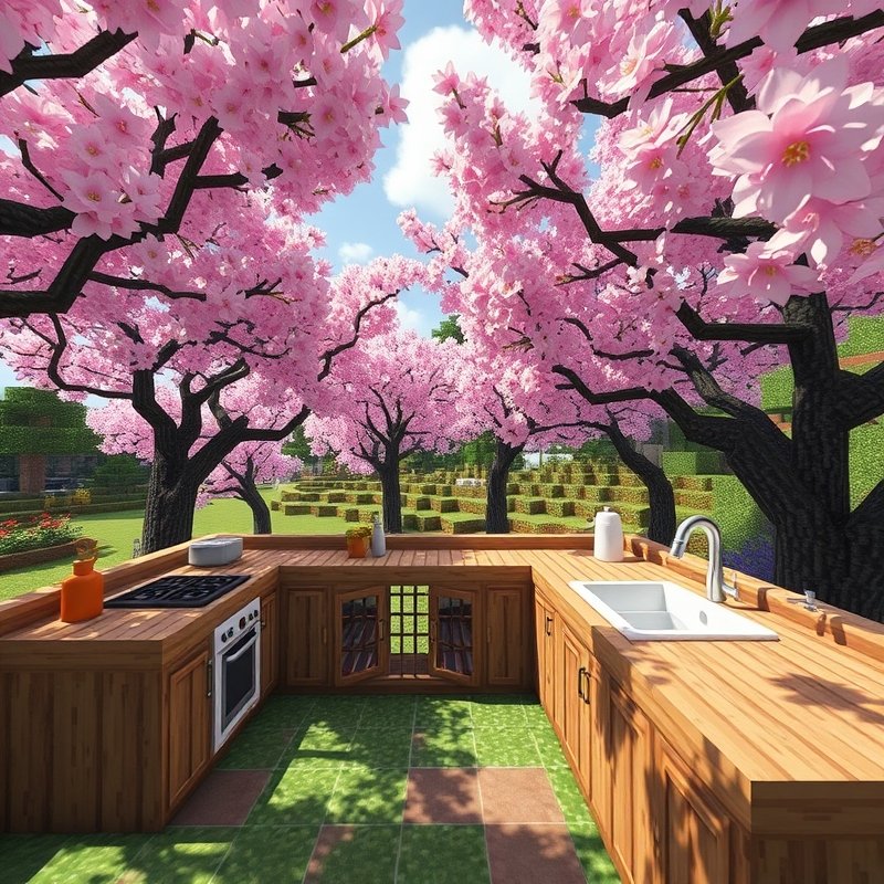 Minecraft kitchen with cherry blossom trees and pink accents in an open garden setting
