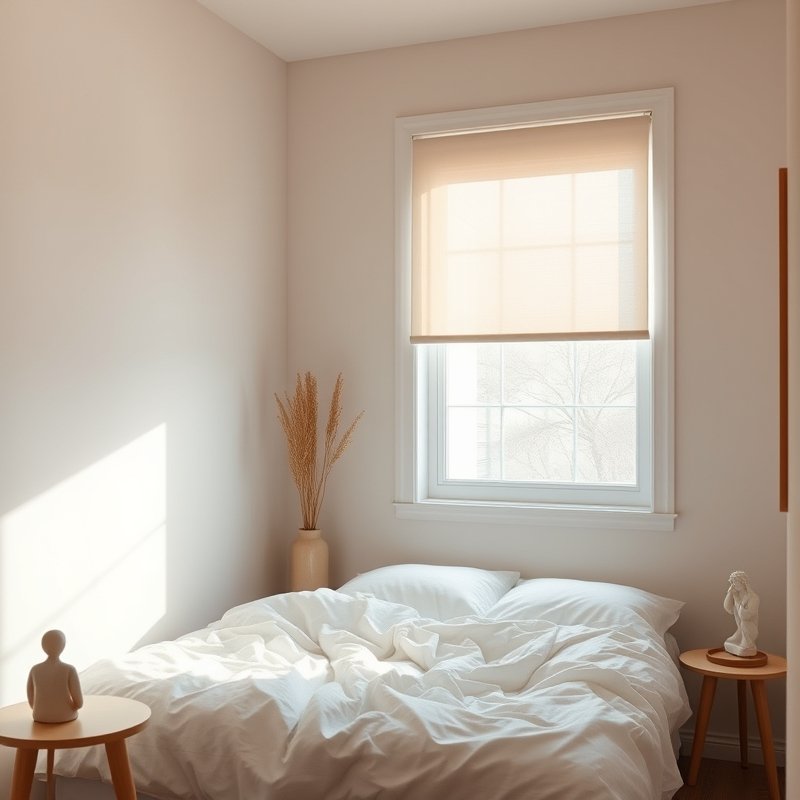window with light roller shade in small bedroom