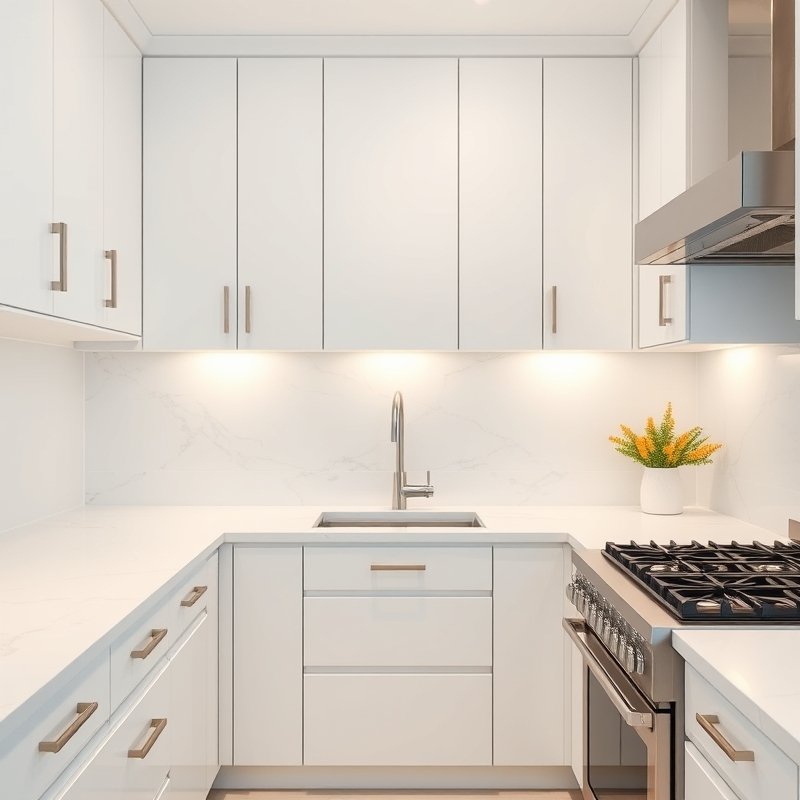 white kitchen with marble backsplash showing soft gray veining, under-cabinet lighting, and white quartz countertops