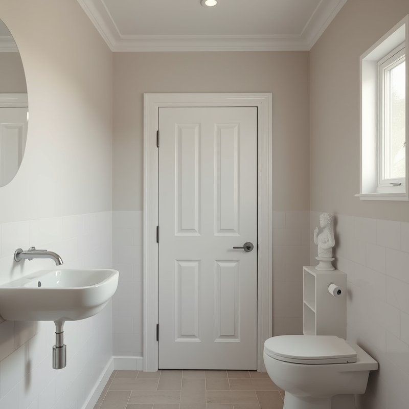 Small bathroom with a white pocket door slid open, revealing bright tiled space