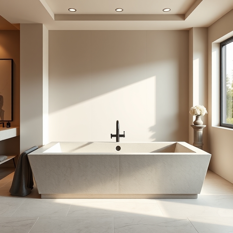 freestanding stone soaking tub in a calm luxury bathroom