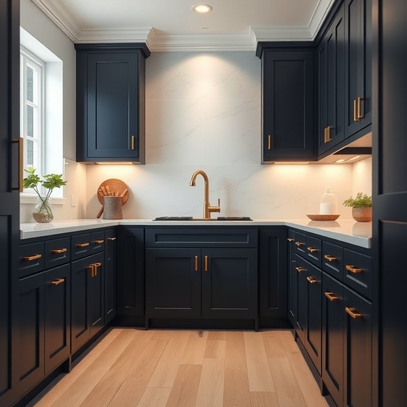 modern kitchen with navy blue cabinets and gold hardware