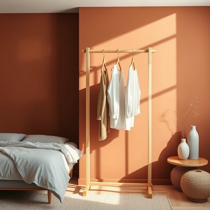 21 Japandi Bedroom Ideas That Blend Minimalist Calm With Warm Natural Beauty You Must Try 19 Open wooden clothing rack with brass details in a light-filled Japandi bedroom