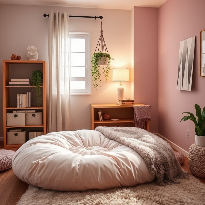 21 Teen Girl Bedroom Ideas 2026 That Create a Cute, Aesthetic, and Trendy Dream Room You’ll Love These 9 Cozy reading corner with large floor cushion and hanging plants in a teen bedroom