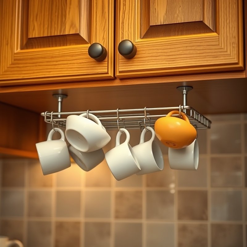 21 Kitchen Organization Ideas That Declutter Your Space and Make Cooking Easier Try These Now 15 wooden mug rack installed under kitchen cabinet with colorful mugs hanging
